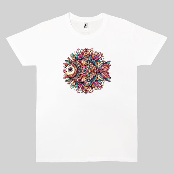 Tshirt blanc col rond homme vue de face Poisson Mandala I Col rond Hommes / Poisson ~ Mandala