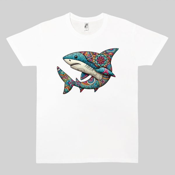 Tshirt blanc col rond homme vue de face Requin Mandala I Col rond Hommes / Requin ~ Mandala