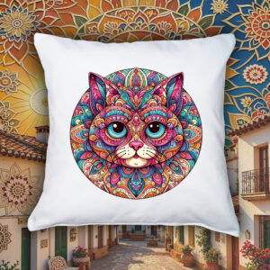 Coussin blanc vue de face Chat Mandala I Housse de coussin Chat ~ Mandala