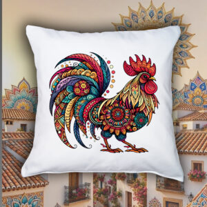Coussin blanc vue de face Coq Mandala I Housse de coussin Coq ~ Mandala