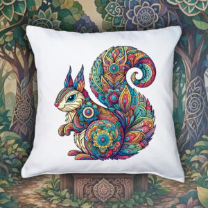 Coussin blanc vue de face Ecureuil Mandala I Housse de coussin Ecureuil ~ Mandala