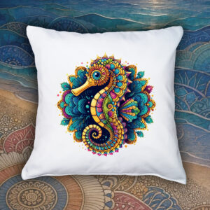 Coussin blanc vue de face Hippocampe Mandala I Housse de coussin Hippocampe ~ Mandala