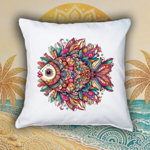Coussin blanc vue de face Poisson Mandala I Housse de coussin Poisson ~ Mandala