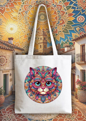 Masque sac tote bag blanc vue de face Chat Mandala I Tote Bag Chat ~ Mandala
