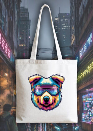 Masque sac tote bag blanc vue de face Chien lunettes futuristes I Tote Bag Chien ~ Colors Vibes