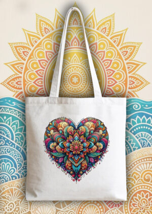 Masque sac tote bag blanc vue de face Coeur mandala I Tote Bag Coeur ~ Mandala