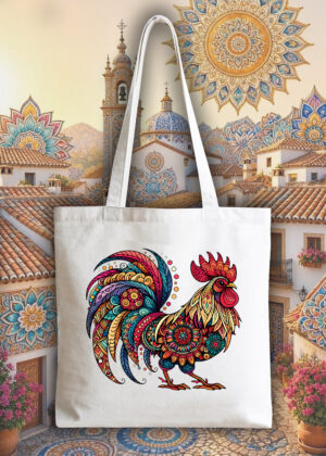 Masque sac tote bag blanc vue de face Coq Mandala I Tote Bag Coq ~ Mandala