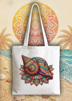 Masque sac tote bag blanc vue de face Coquillage mandala I Tote Bag Coquillage ~ Mandala