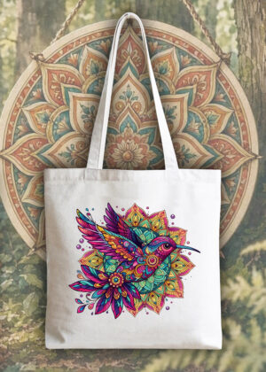 Masque sac tote bag blanc vue de face Oiseaux Mandala I Tote Bag Oiseaux ~ Mandala