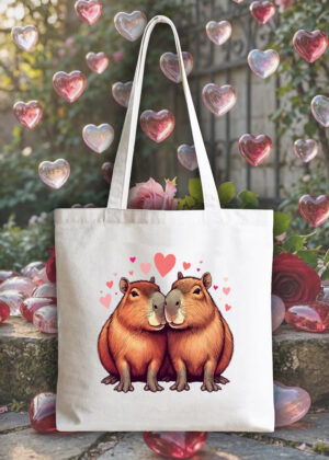 Masque sac tote bag blanc vue de face Visuel Capybaras amoureux I - Loves Tote Bag Capybaras ~ Love