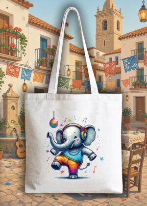 Masque sac tote bag blanc vue de face Visuel Eléphants I - Dances & fiestas Tote Bag Elephant ~ Danses & Fiestas