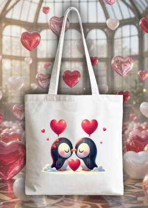 Masque sac tote bag blanc vue de face Visuel Pinguins I - Loves Tote Bag Pinguins I ~ Love