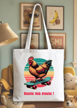 Masque sac tote bag blanc vue de face Visuel Poules III - Humours Tote Bag Poule III ~ Humours