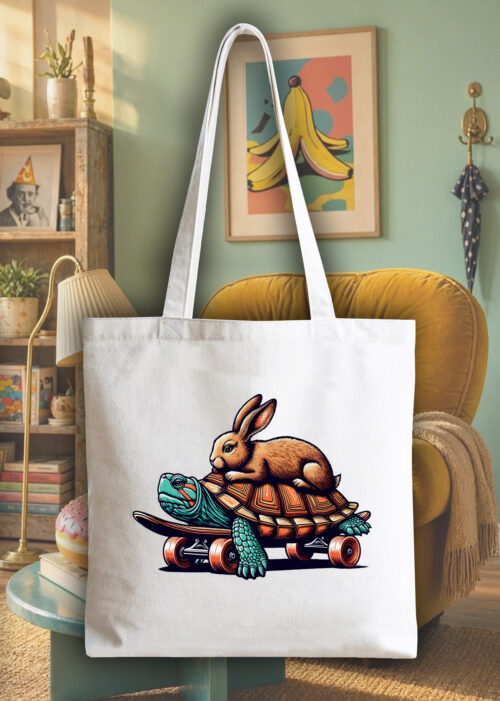 Masque sac tote bag blanc vue de face Visuel Tortues I - Humours Tote Bag Lièvre & Tortue ~ Humours