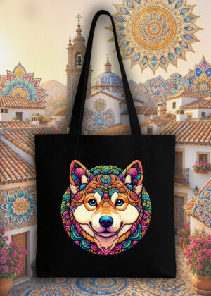Masque sac tote bag noir vue de face Chien Mandala I Tote Bag Chien ~ Mandala