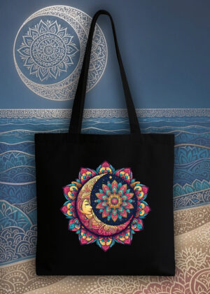Masque sac tote bag noir vue de face Lune mandala II Tote Bag Lune II ~ Mandala