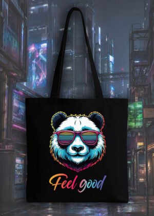 Masque sac tote bag noir vue de face Panda lunettes futuristes I Tote Bag Panda ~ Colors Vibes