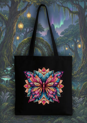 Masque sac tote bag noir vue de face Papillon Mandala II Tote Bag Papillon II ~ Mandala