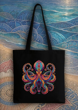 Masque sac tote bag noir vue de face Pieuvre Mandala I Tote Bag Pieuvre ~ Mandala