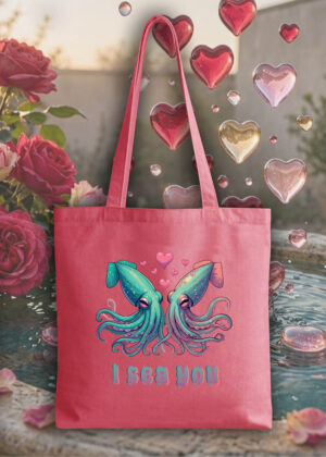 Masque sac tote bag rose vue de face Visuel Calamars I - Loves Tote Bag Calamars ~ Loves