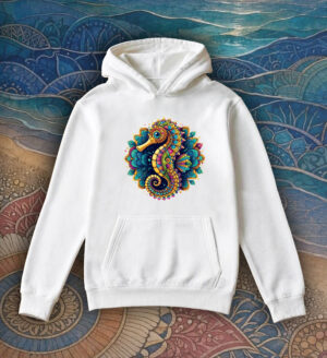 Sweets blanc capuche adultes vue de face Hippocampe Mandala I Sweats à capuche Unisexe Adultes / Hippocampe ~ Mandala