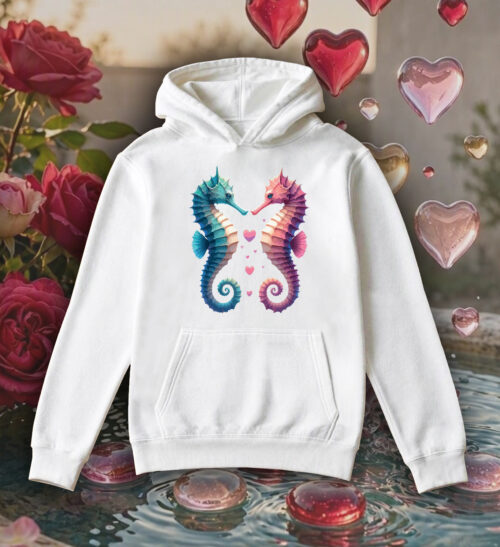 Sweets blanc capuche adultes vue de face Visuel Hippocampes I - Loves Sweats à capuche Unisexe Adultes / Hippocampes ~ Loves