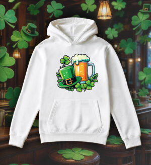 Sweets blanc capuche adultes vue de face Visuel fête de la Saint Patrick III - Saint Patrick Sweats à capuche Unisexe Adultes / Bière I ~ Saint Patrick