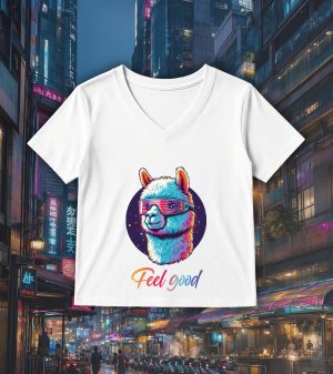 T-shirt blanc col V femme vue de face Alpaga lunettes futuristes I Col V Femmes / Alpaga ~ Colors Vibes