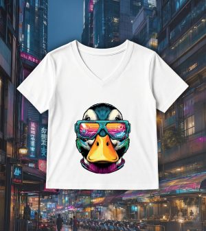 T-shirt blanc col V femme vue de face Canards lunettes futuristes I Col V Femmes / Canard ~ Colors Vibes