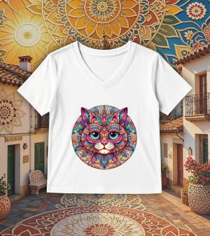 T-shirt blanc col V femme vue de face Chat Mandala I Col V Femmes / Chat ~ Mandala