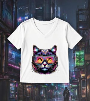 T-shirt blanc col V femme vue de face Chats lunettes I Col V Femmes / Chat ~ Colors Vibes