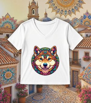 T-shirt blanc col V femme vue de face Chien Mandala I Col V Femmes / Chien ~ Mandala