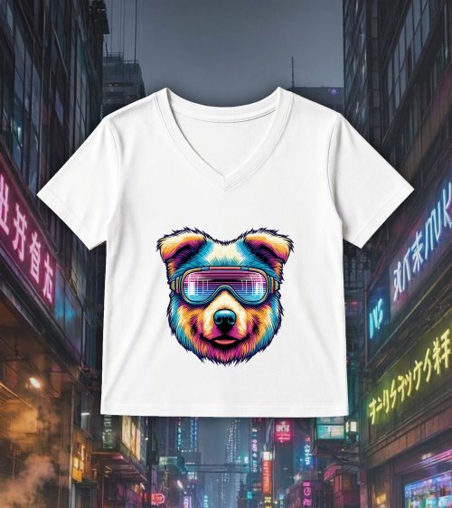 T-shirt blanc col V femme vue de face Chien lunettes futuristes I Col V Femmes / Chien ~ Colors Vibes