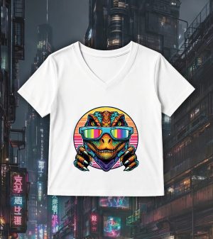 T-shirt blanc col V femme vue de face Dinausaures lunettes I Col V Femmes / Dinosaure I ~ Colors Vibes
