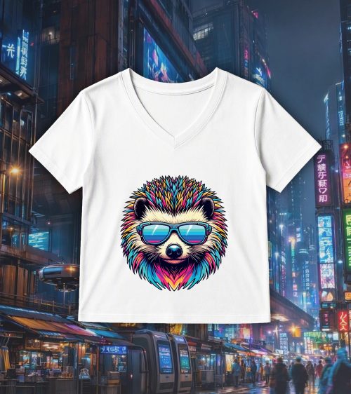 T-shirt blanc col V femme vue de face Hérissons lunettes futuristes I Col V Femmes / Hérisson I ~ Colors Vibes