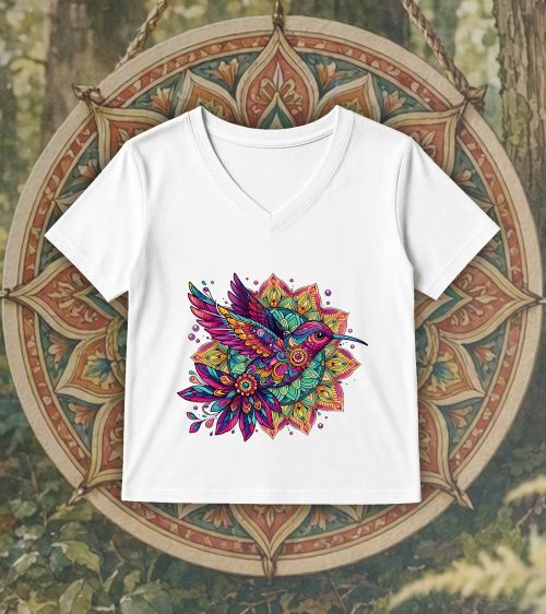 T-shirt blanc col V femme vue de face Oiseaux Mandala I Col V Femmes / Oiseaux ~ Mandala
