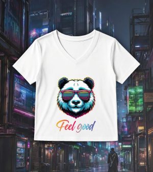 T-shirt blanc col V femme vue de face Panda lunettes futuristes I Col V Femmes / Panda ~ Colors Vibes
