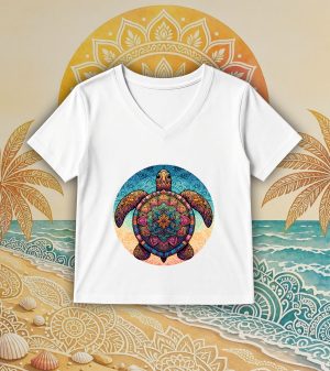 T-shirt blanc col V femme vue de face Tortue mandala I Col V Femmes / Tortue ~ Mandala