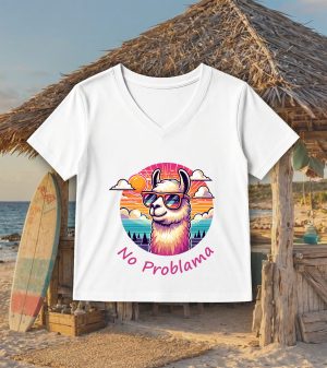 T-shirt blanc col V femme vue de face Visuel Alpagas II - Animaux Col V Femmes / Lama III ~ Summers Vibes