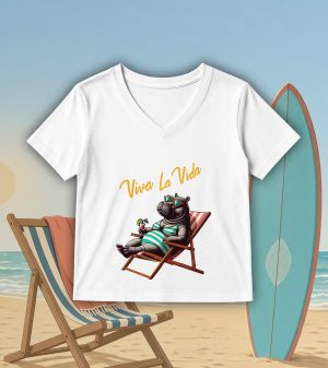 T-shirt blanc col V femme vue de face Visuel Animaux drôles I - Humours Col V Femmes / Hippopotame II ~ Summers Vibes