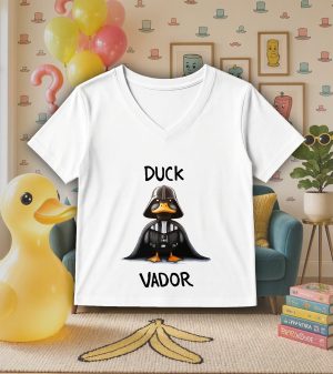 T-shirt blanc col V femme vue de face Visuel Animaux drôles I - Humours Col V Femmes / Canard ~ Humours