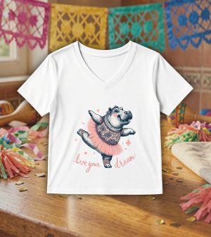 T-shirt blanc col V femme vue de face Visuel Animaux drôles II -Dances & fiestas Col V Femmes / Hippopotame ~ Danses & Fiestas