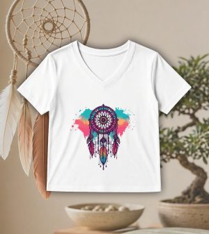 T-shirt blanc col V femme vue de face Visuel Attrape rêves II - Spirituelles Zen Col V Femmes / Attrape rêves II ~ Spirituelles & Zen