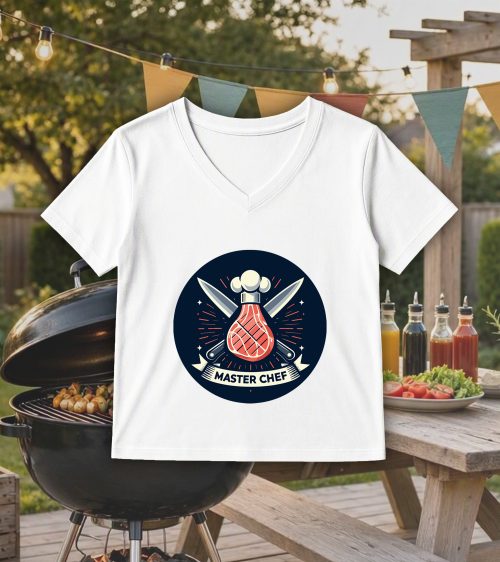 T-shirt blanc col V femme vue de face Visuel Barbecue I - Eat me, drunk me Col V Femmes / Barbecue ~ Eat me, drink me