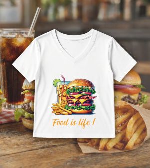 T-shirt blanc col V femme vue de face Visuel Burgers I - Eat me, drunk me Col V Femmes / Burger ~ Eat me, drink me