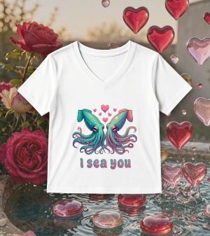 T-shirt blanc col V femme vue de face Visuel Calamars I - Loves Col V Femmes / Calamars ~ Loves