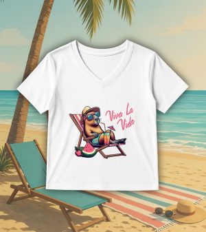 T-shirt blanc col V femme vue de face Visuel Capybara II - Humours Col V Femmes / Capybara II ~ Summers Vibes
