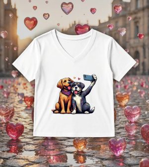 T-shirt blanc col V femme vue de face Visuel Chiens I - Humours Col V Femmes / Chiens ~ Loves