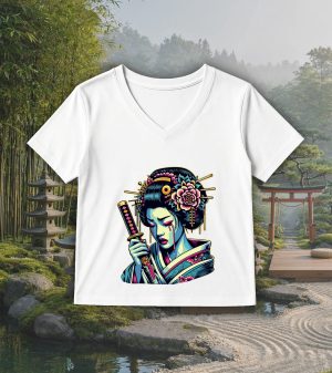 T-shirt blanc col V femme vue de face Visuel Geishas 2 - Asia Col V Femmes / Geïsha II ~ Asia