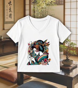 T-shirt blanc col V femme vue de face Visuel Geishas 4 - Asia Col V Femmes / Geïsha IV ~ Asia
